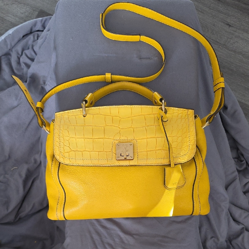 MCM Yellow Croc-Texture Top Handle Shoulder Bag